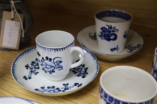 A collection of 18th century Worcester, Caughley and Liverpool blue and white cups and saucers
